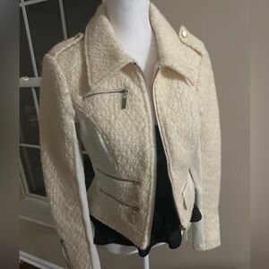 New Bebe Cream white bomber Jacket top Coat 50% wool textured  S 4
